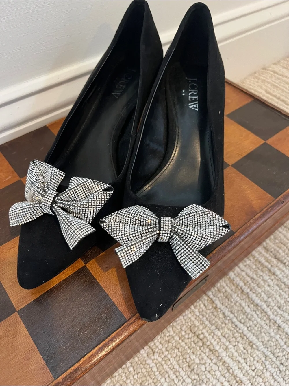 J. Crew Black Suede Pointed Pumps with Crystal Bow Accent